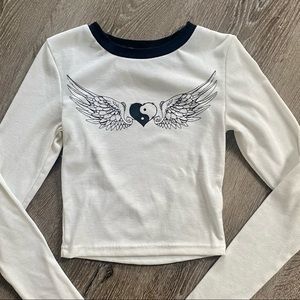 White Long-Sleeve Ribbed Top with Winged Yin Yang Graphic